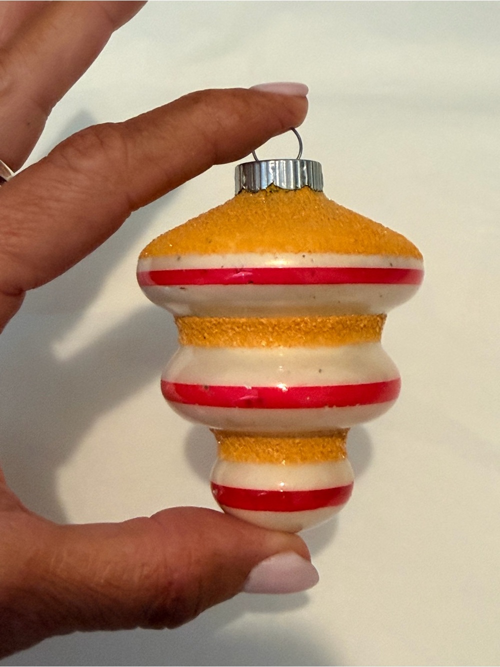 Vintage Shiny Brite Gold and Red Striped Holiday Ornament #1